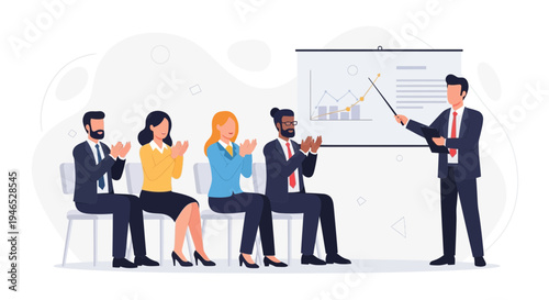 Business presentation success: speaker and clapping audience at a meeting