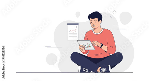 Man sitting cross-legged with tablet analyzing charts and graphs, modern flat illustration