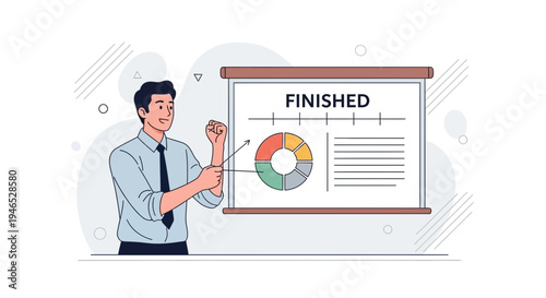 Man presenting a finished project with pie chart and bar graph on a whiteboard
