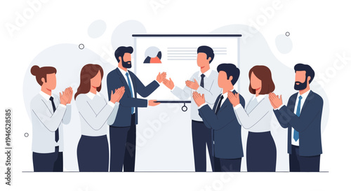 Business team applauding success during presentation, celebrating achievement