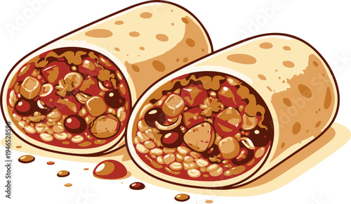Mexican Burrito Cutaway Illustration with Beans, Corn and Filling