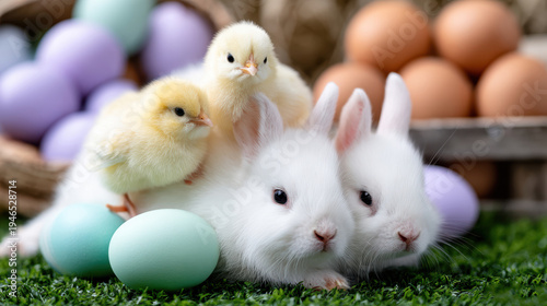 Wallpaper Mural Two white baby rabbits with yellow chicks and pastel eggs on grass for easter holiday spring greeting card background Torontodigital.ca