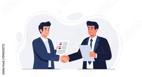 Business handshake between two men in suits, one holding a resume, symbolizing agreement