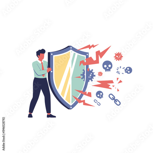 Businessman protecting company with shield against cyber threats, viruses, and attacks.