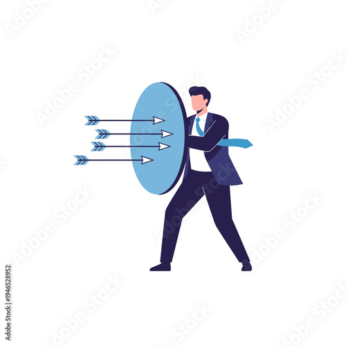 Businessman with Shield Defending Against Arrows - Business Protection Concept