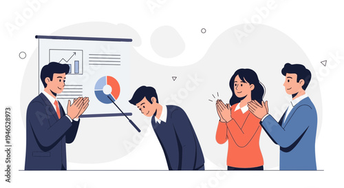 Business team applauding successful presentation, bowing colleague receives recognition