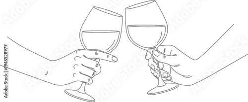 Two hands holding wine glasses in a celebratory toast gesture with liquid inside