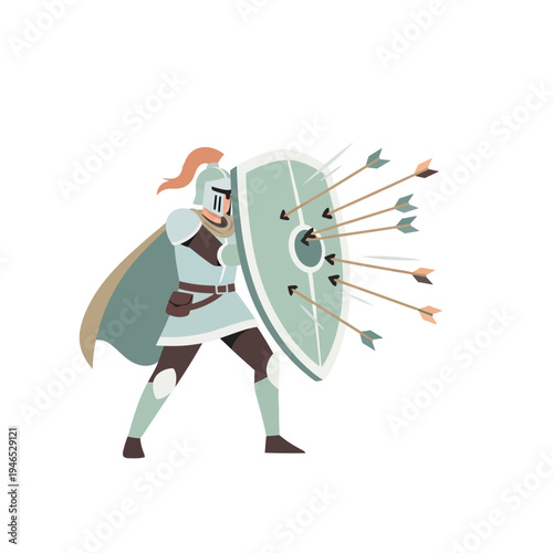 Knight defending with shield against arrows, medieval warrior, protection concept