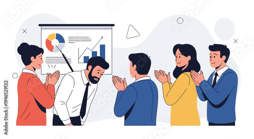Business team applauding successful presentation, speaker bows gratefully