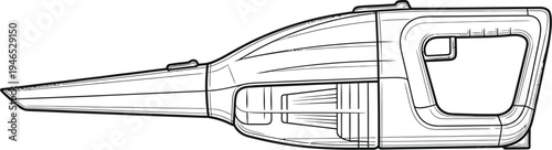 Detailed line drawing of a handheld leaf blower's side view and design