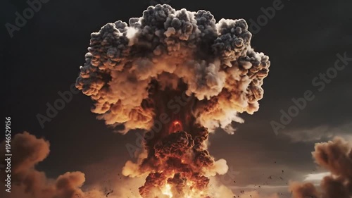 Massive nuclear explosion mushroom cloud with debris against dark sky
