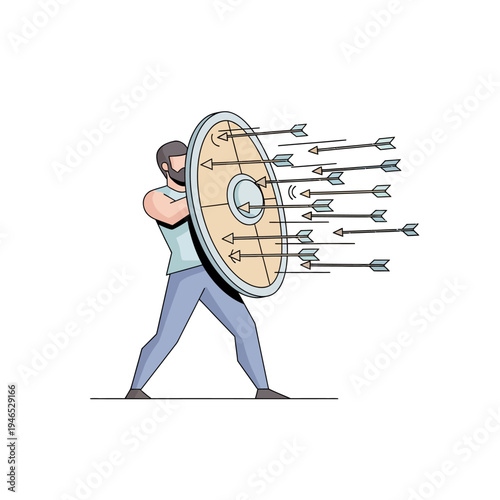 Man Defending Against Arrows with Shield, Resilience Concept