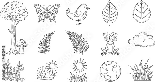 Collection of hand-drawn nature and animal icons in a simple doodle style