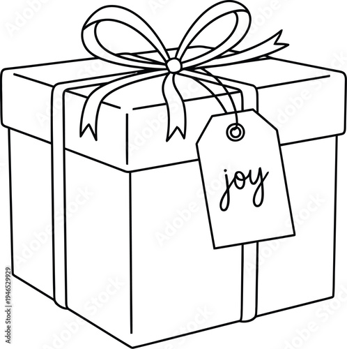 A beautifully wrapped gift box with a ribbon and a joy tag on it