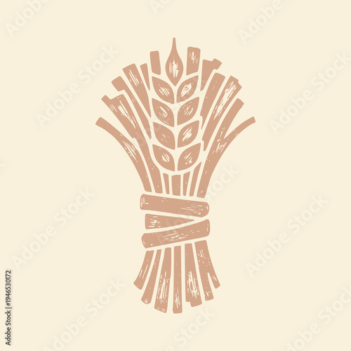 Hand-Drawn Style Wheat Stalks Vector Illustration, Vintage Linocut Woodcut Artisan Sourdough Bread Bakery Icon, Rustic Grain Sheaf, Minimalist Flour Mill Logo, Organic Farm Harvest Graphic