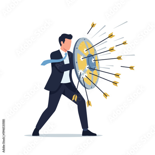 Businessman Defending Against Arrows with Shield - Business Protection and Resilience