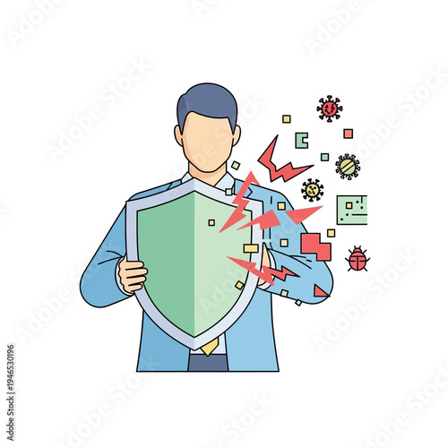 Business man holding shield protecting from digital threats, viruses, bugs, cyber attack