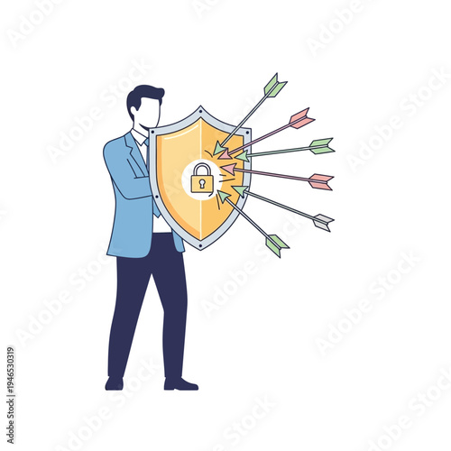 Businessman defending against cyber attacks with shield and lock icon