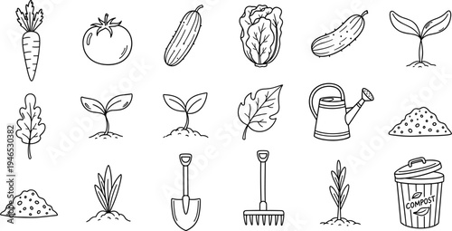 Cute cartoon gardening icons showing plant growth, tools, and supplies for a healthy garden