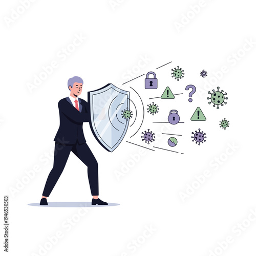 Businessman defending against virus with shield, protection concept