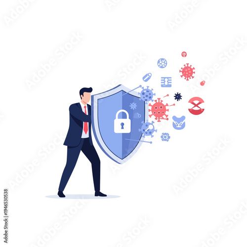 Businessman defending against viruses with shield, concept of protection and security