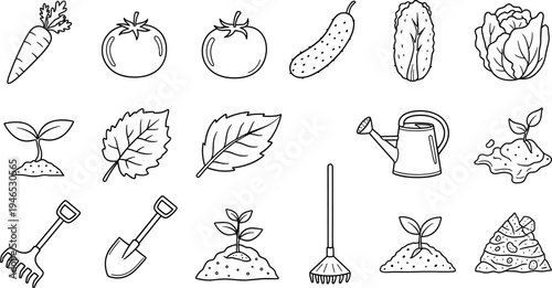 Collection of hand-drawn gardening icons including plants, tools, and worms