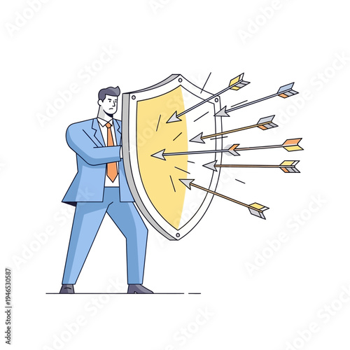 Businessman defending with shield against arrows, concept of protection and resilience