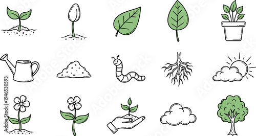 Hand-drawn garden icons featuring vegetables, plants, and tools for cultivation and growth