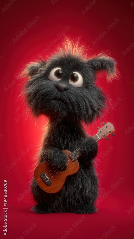 Fototapeta premium Black Adorable Fluffy Dog Playing Guitar on Red Background.
