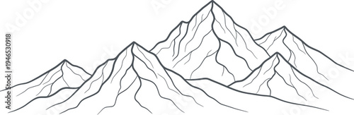 A minimalist line drawing of rugged mountain peaks with sharp summits and detailed contours