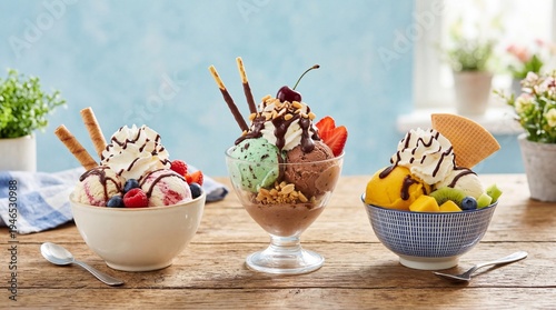 Three colorful ice cream sundaes with fruit chocolate and whipped cream