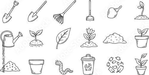 Collection of simple line art icons representing plant growth and gardening elements