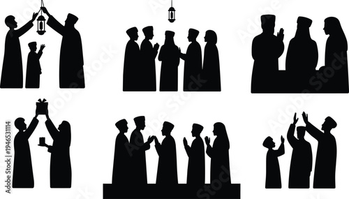 Muslim family Ramadan celebration silhouette set with people praying, greeting and hanging lantern isolated on white background for Islamic Eid design