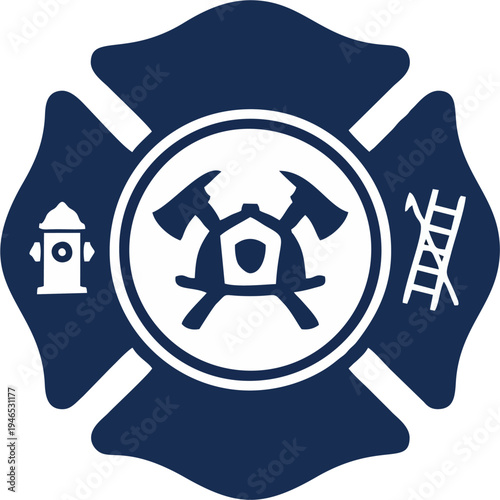 Minimal Fire Department Maltese Cross Badge Logo Icon in Navy Blue with Crossed Axes, Hydrant and Ladder – Vector Emblem