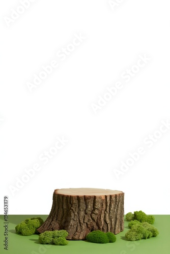Wooden Tree Stump Display with Moss isolated on a transparent background 1