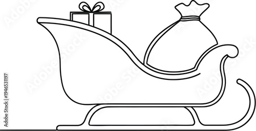 Simple line drawing of a festive sleigh with a gift and sack