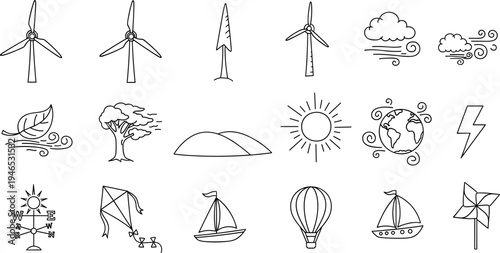 Collection of hand-drawn icons representing renewable energy sources and environmental concepts