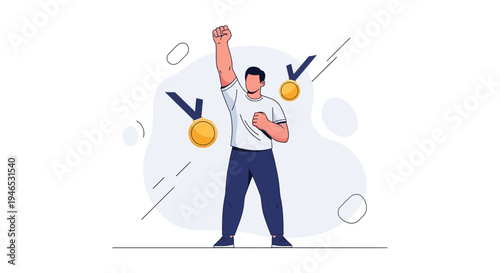 Man celebrating victory with medals, achievement, success, winning concept, illustration