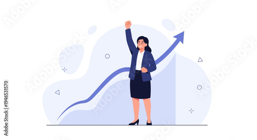 Businesswoman celebrating success with a rising graph, symbolizing growth and achievement.