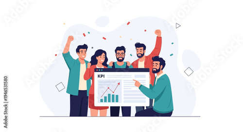 Team celebrating success with KPI graph and confetti