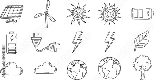 Collection of hand-drawn icons representing renewable energy sources and environmental concepts