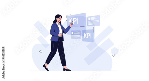 Businesswoman interacting with KPI data on a digital screen, business analysis concept