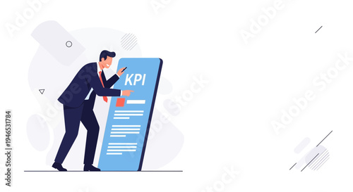 Businessman analyzing KPI data on a giant smartphone screen, business concept