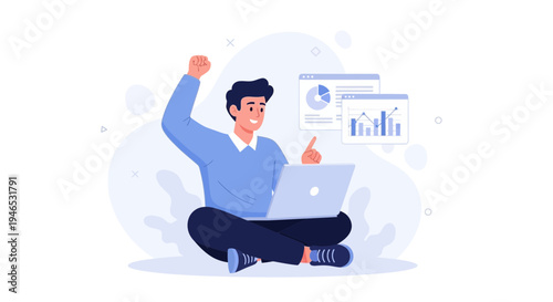 Man celebrating success with laptop and data charts, modern flat illustration