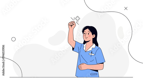 Nurse celebrating victory with fist pump and medical cross icon