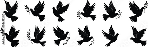 Flying dove silhouette collection with olive branch symbols, peace bird vector set isolated on white background for freedom and harmony design