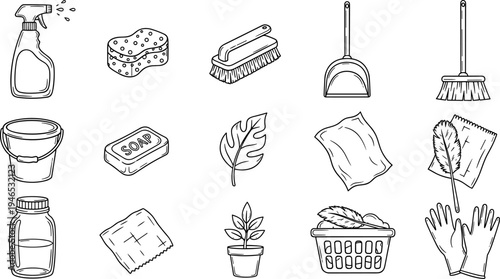 Collection of hand-drawn icons representing eco-friendly cleaning supplies and concepts