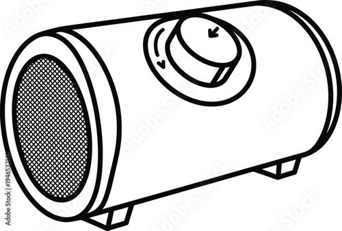 Detailed illustration of a vintage cylindrical electric heater with a mesh front and control knob