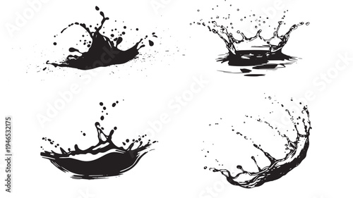 Water splashes set with black ink splatter and dynamic droplet patterns against a white background, graphic.
