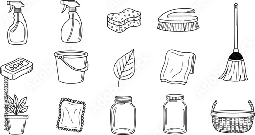 Collection of hand-drawn eco-friendly cleaning supplies and tools for a spotless home